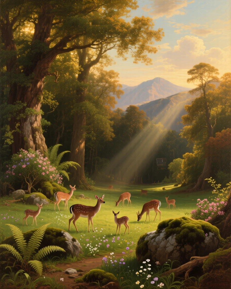 A herd of deer graze in a sunlit forest glade.