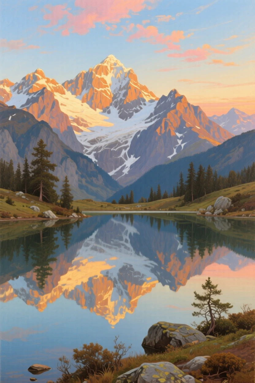 A chain of snow-capped mountain peaks reflected in a still alpine lake, with the last rays of sunset catching every ridge and peak, capturing the raw power and quiet majesty of untouched nature