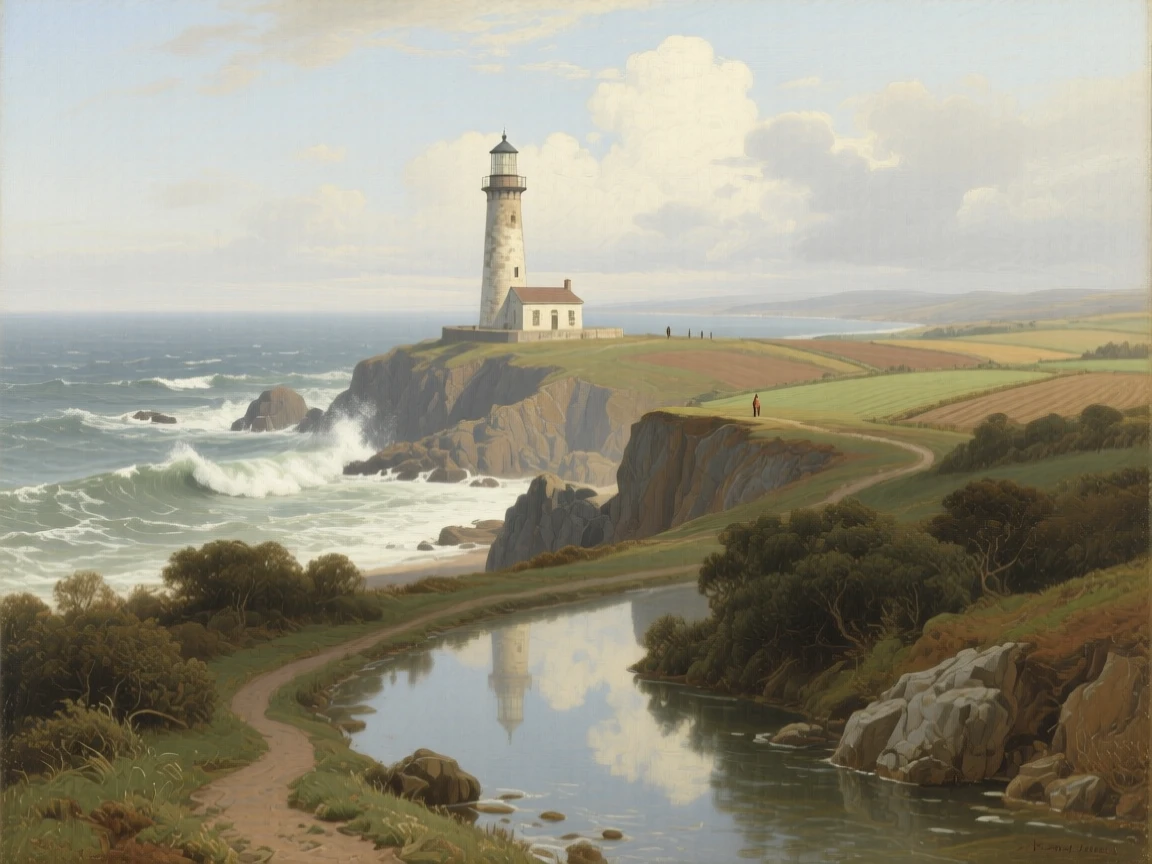 A rugged coastline with a lighthouse standing against crashing surf stretching endlessly toward a hazy, distant horizon, set at the edge where cultivated land meets wild nature, with clouds mirrored perfectly in still, glassy water; a winding path or river leads the eye deep into the distance, suggesting harmony between the natural world and the soul.