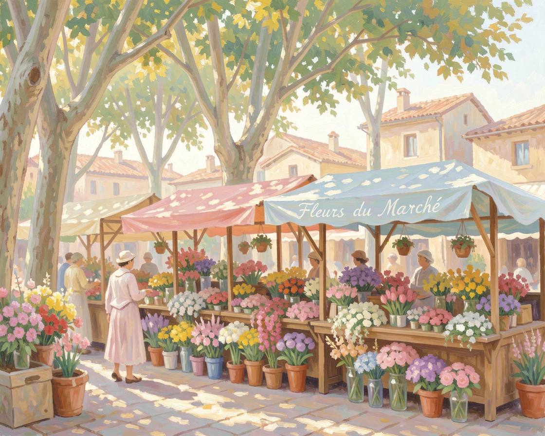 The colorful stalls of a Provençal flower market beneath plane trees on a sunny village square.