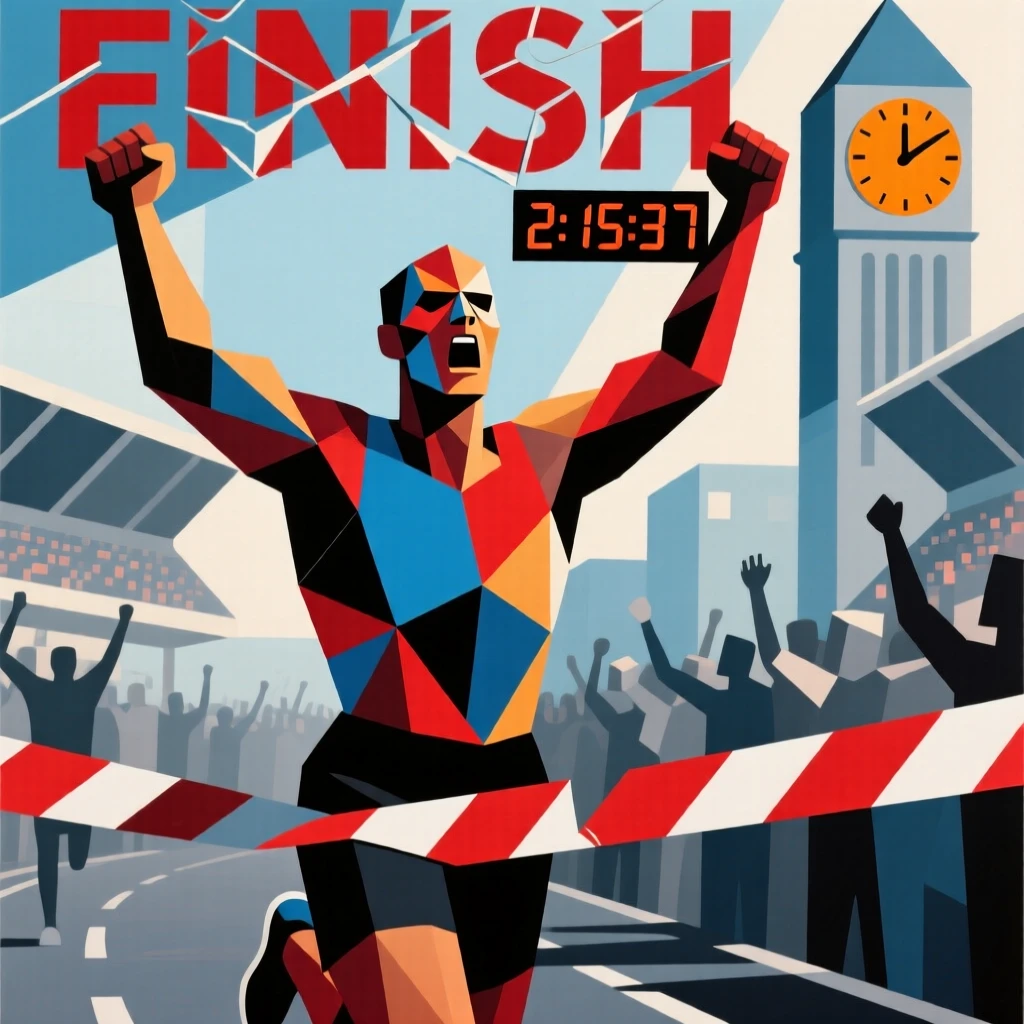 A marathon runner crossing the finish line with arms raised in triumph.