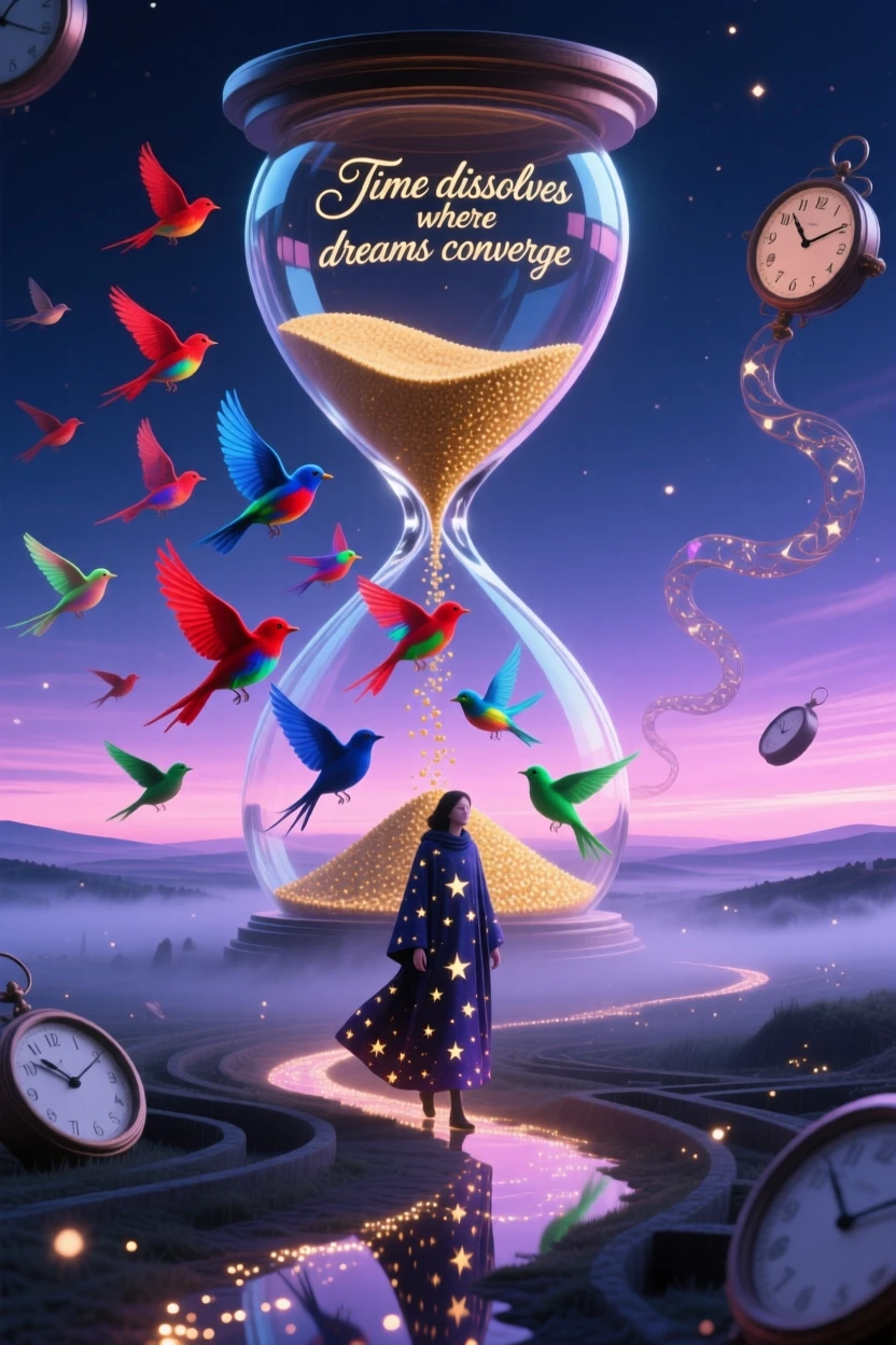 An hourglass where the falling sand turns into tiny birds mid-drop stretches into a horizon that never quite arrives, while a lone figure walks calmly through its impossible turns.
