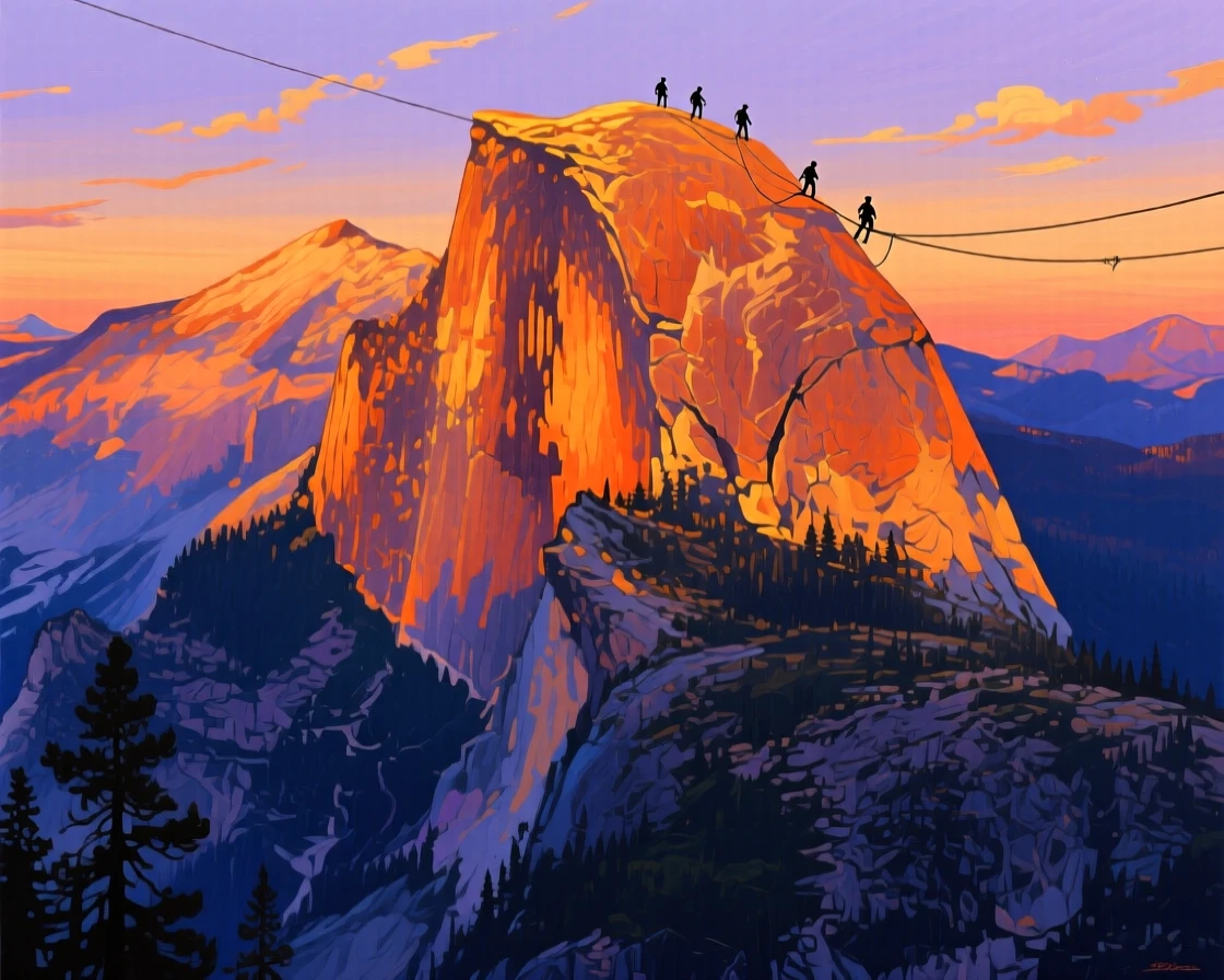 The dramatic ridge of Half Dome in Yosemite glows orange at sunset, climbers visible as tiny silhouettes on the cables near the summit, the valley below already sinking into blue shadow.