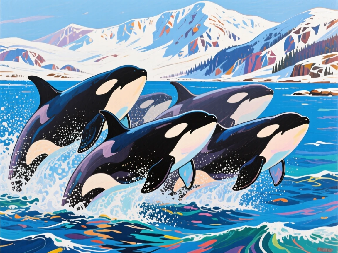 A pod of orcas breaching together in unison against a backdrop of snowy coastal mountains