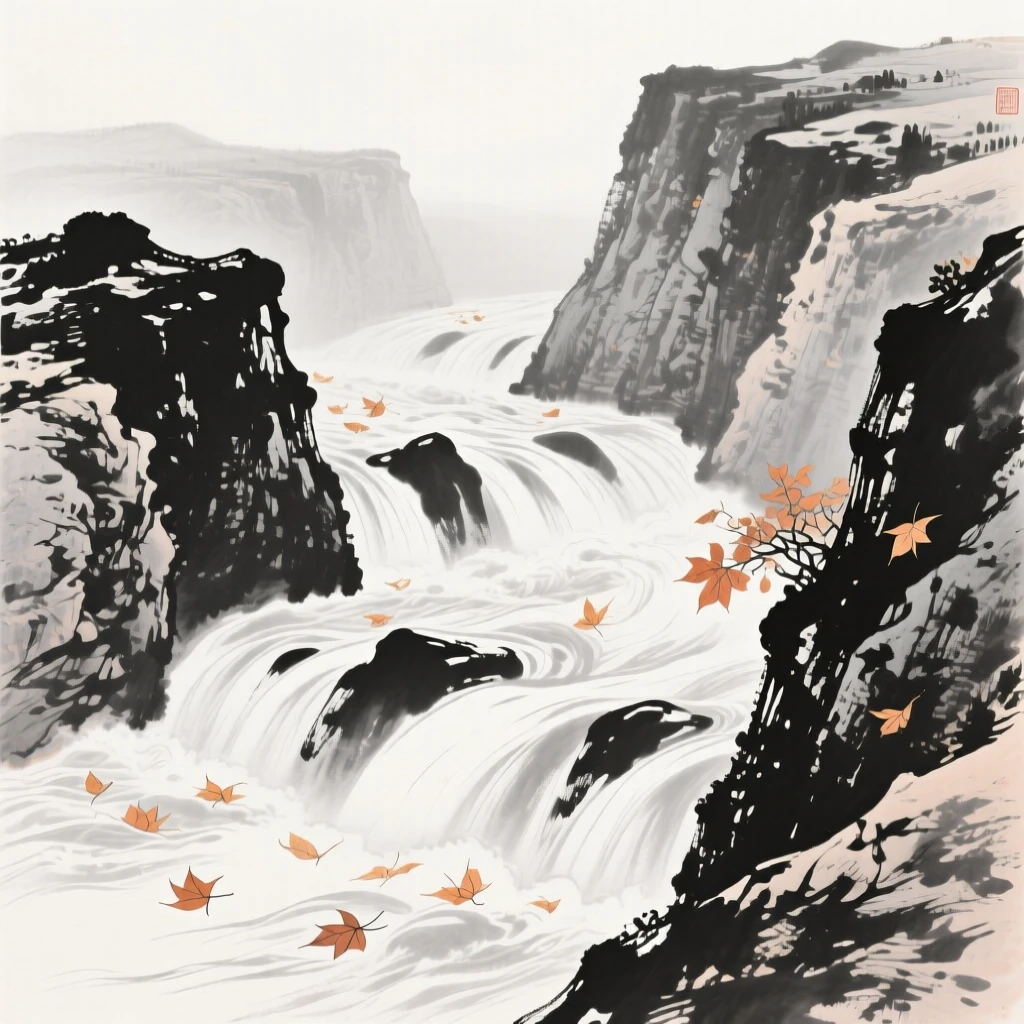 a rushing torrent cutting through a rocky canyon, with autumn leaves drifting on the current.