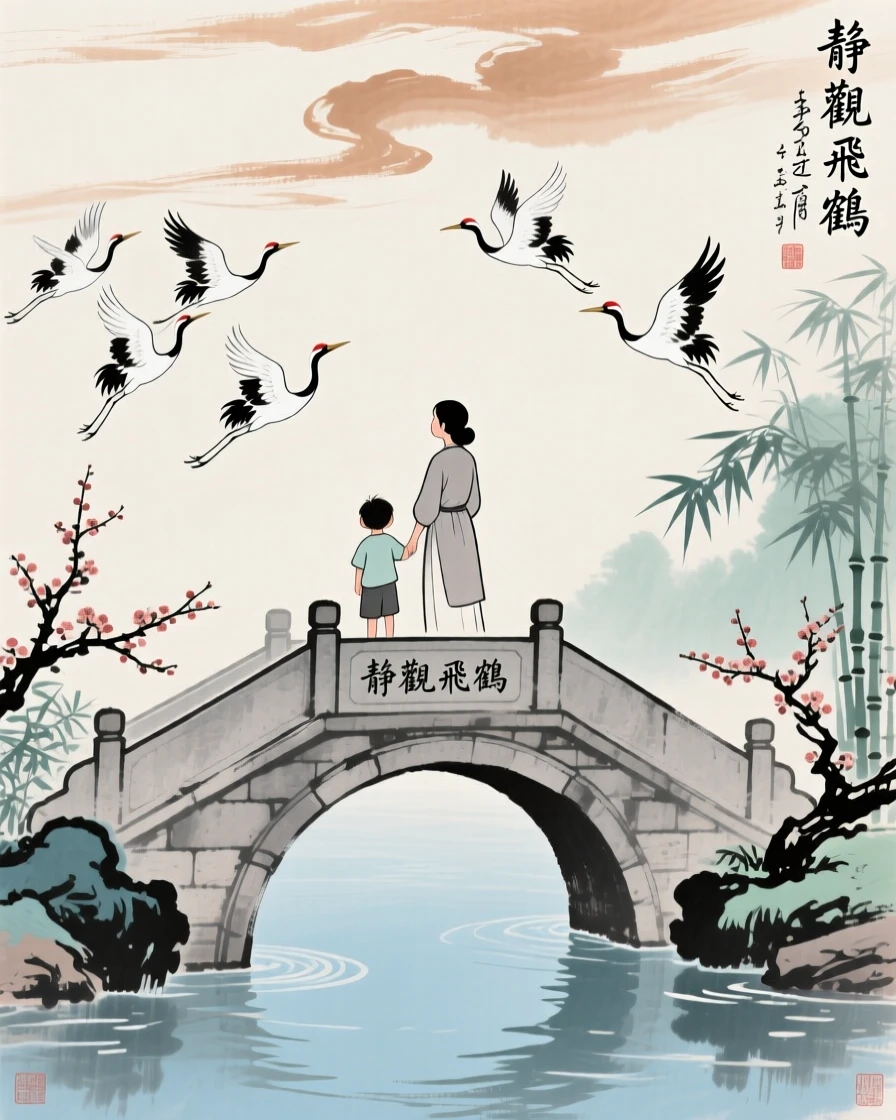 A mother and child watching cranes take flight from a garden bridge, under drifting clouds, under a sky streaked with clouds.