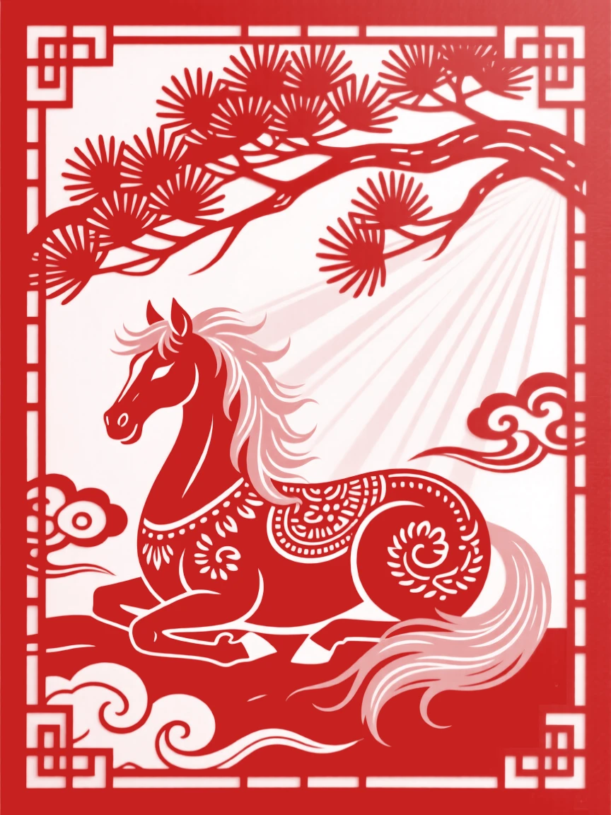 A silver-maned horse, curled up beneath a canopy of pine needles, framed by drifting clouds and soft morning light.