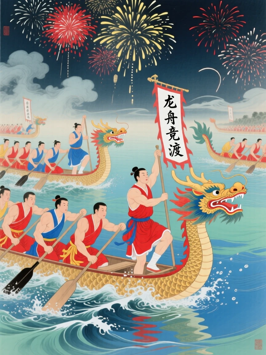 A dragon boat race with rowers in bright costumes cutting through the water, under a sky filled with drifting fireworks