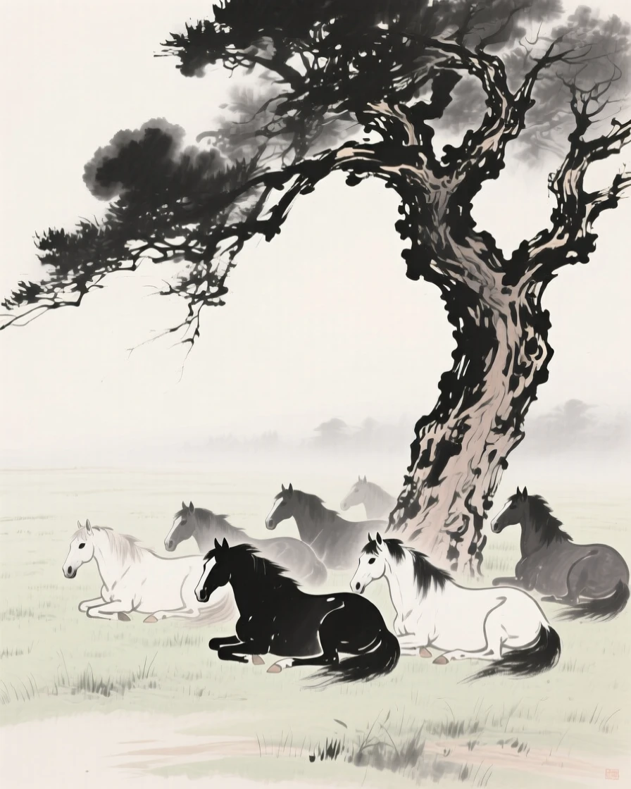 A herd of wild horses resting beneath a gnarled old tree across an open grassy plain, viewed through a gentle veil of morning mist, capturing a fleeting, tender moment of wild life.