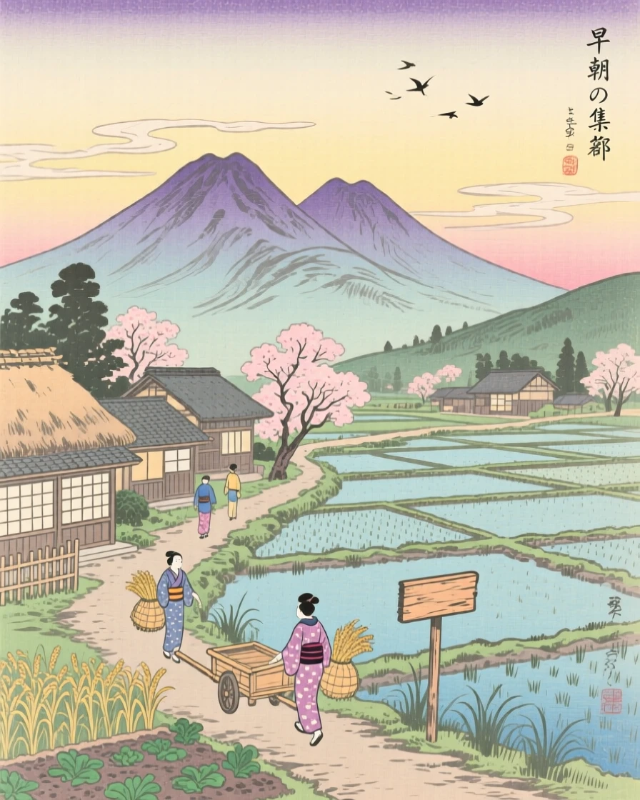 A twin-peaked ridge, rising above a quiet farming village, at dawn.