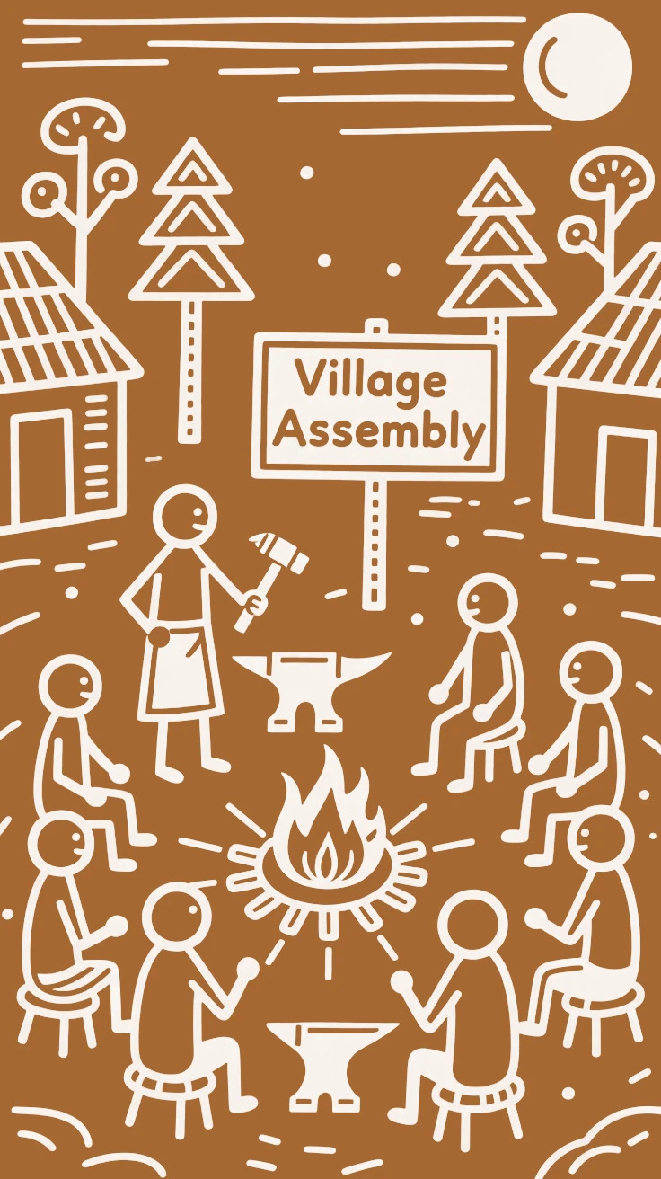 A village blacksmith gathering for an evening meeting in the village courtyard.