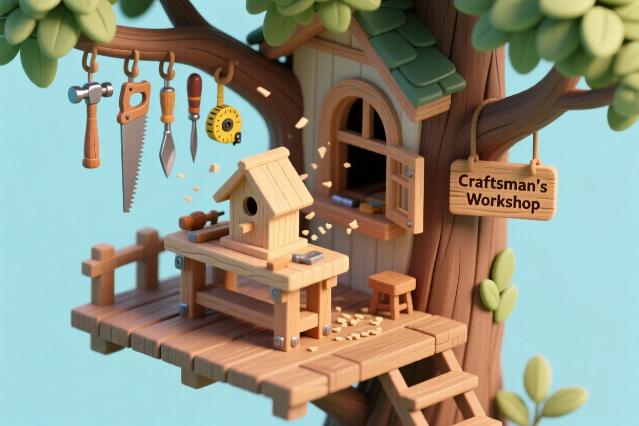 A treehouse workshop with a woodworking bench built into a platform, sawdust drifting from an open window, tools hanging from pegs, and a birdhouse under construction on the table.