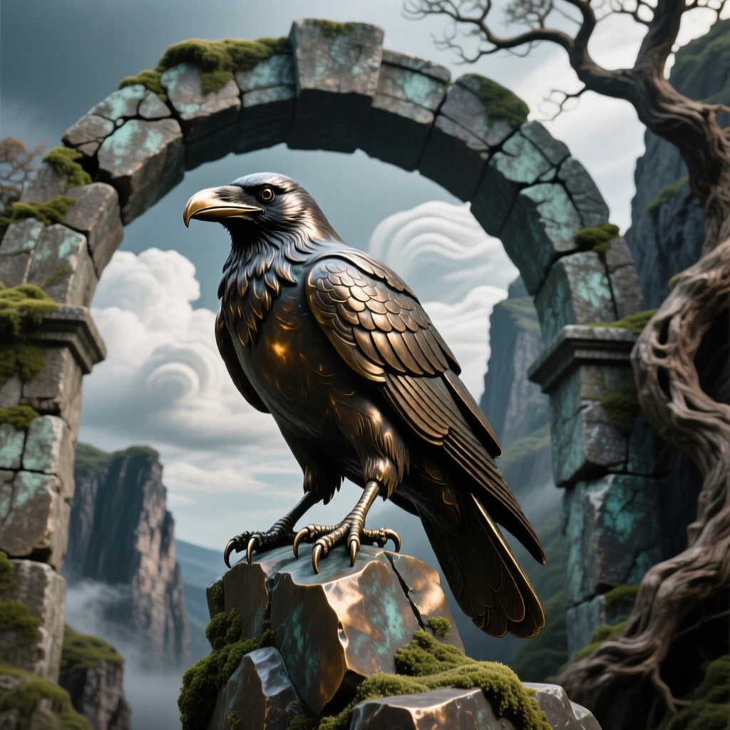 A raven perched on an old stone archway, framed by dramatic natural scenery, evoking wonder and majesty