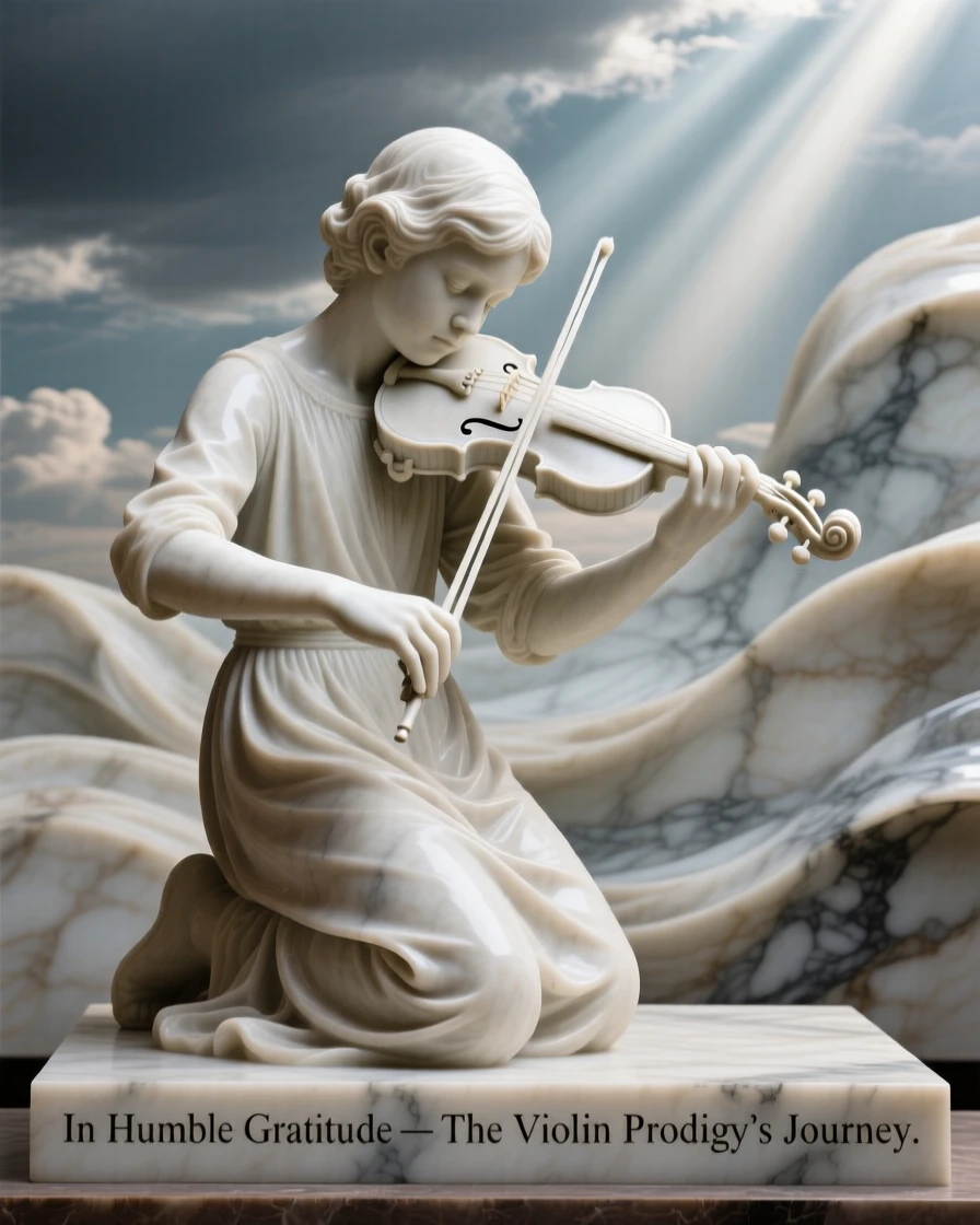 A close-up portrait of a violin prodigy performing on stage, kneeling with head bowed in gratitude, silhouetted against a dramatic sky, radiating quiet emotion and dignity