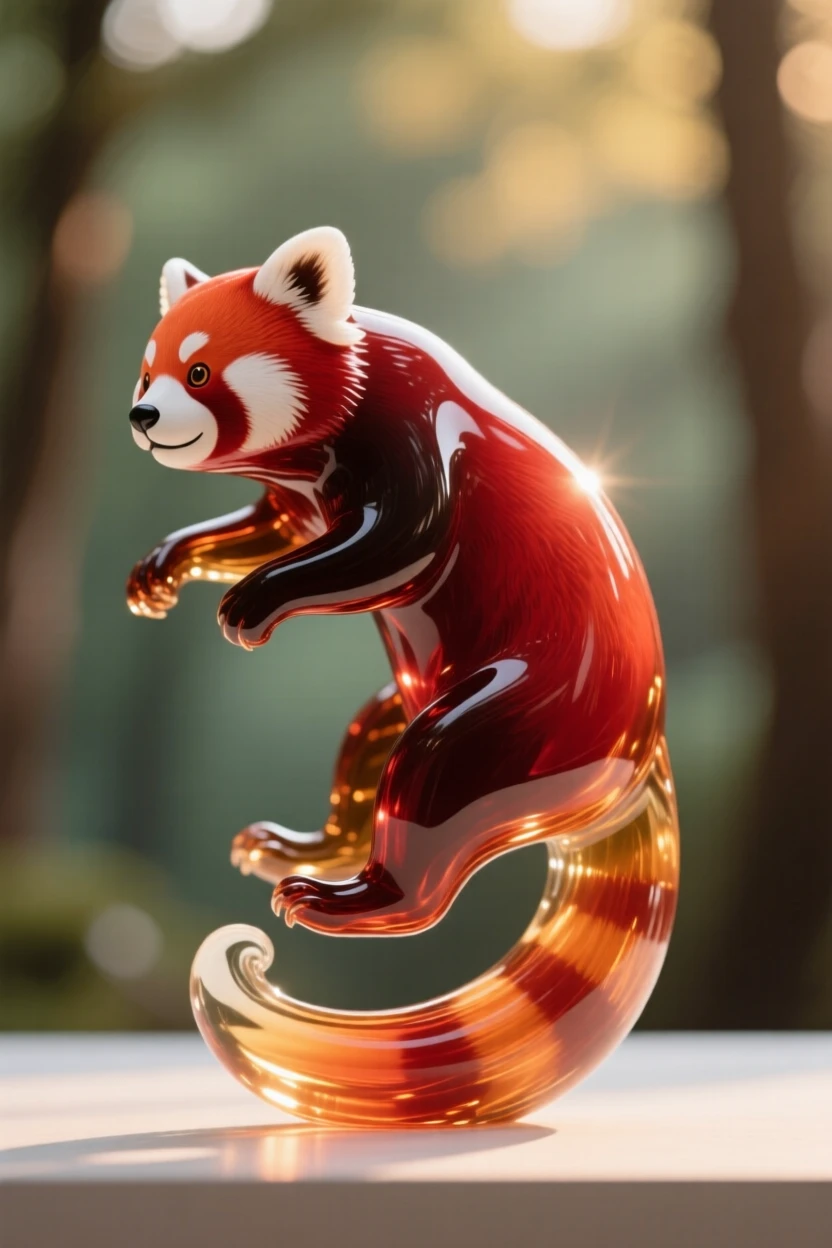 A red panda captured mid-motion against a soft-focus forest backdrop, golden hour light rimming its fur, conveying grace and wild energy.