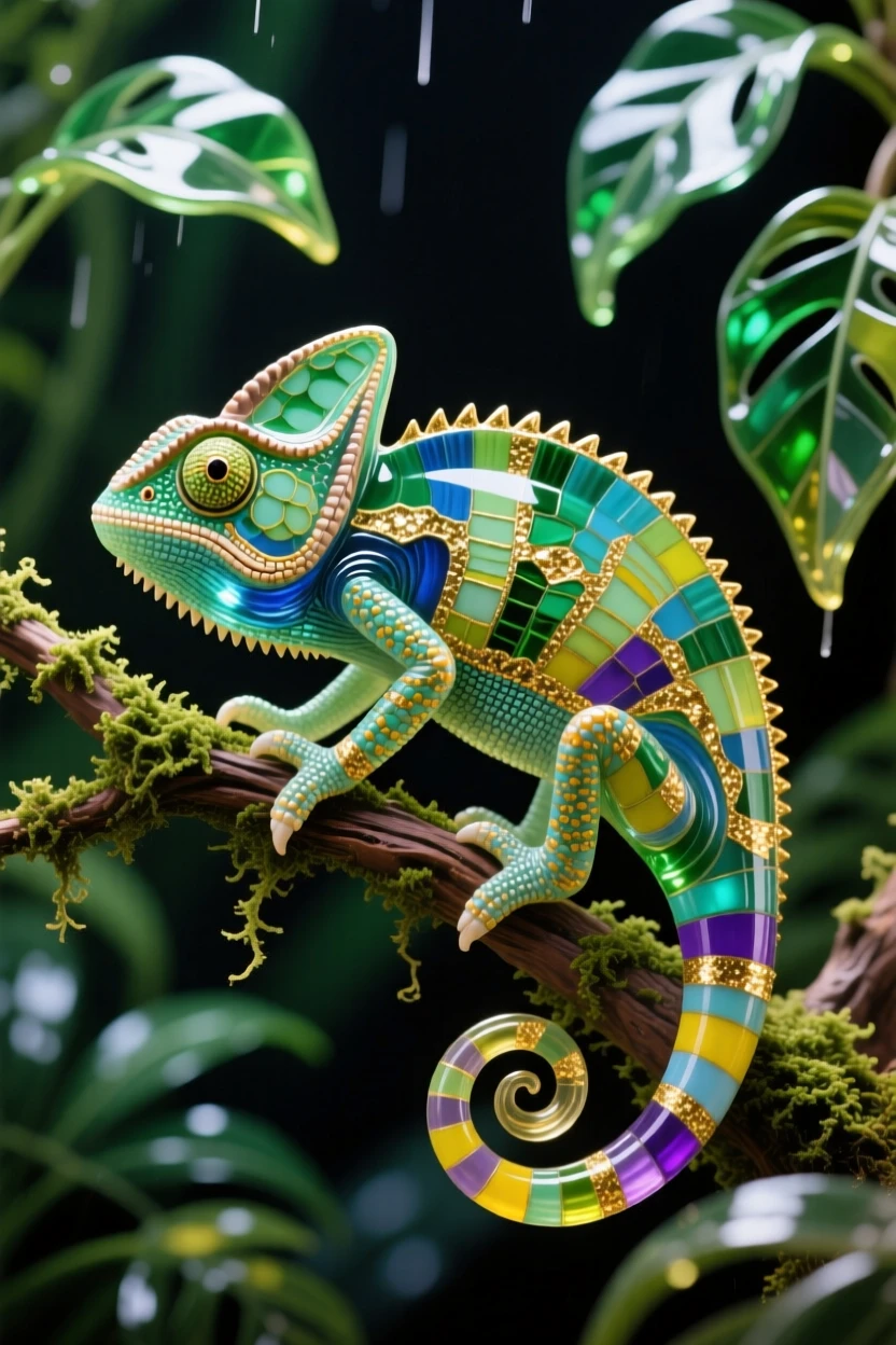 A chameleon perched on a mossy branch mid-color-shift, whimsical and curious, rainforest leaves framing the scene.
