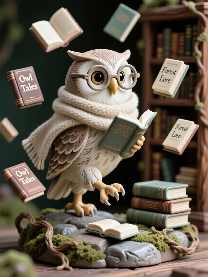 An owl librarian surrounded by tiny floating books caught mid-step on a whimsical journey, set within a cozy, detailed miniature world, evoking childlike wonder and gentle humor.