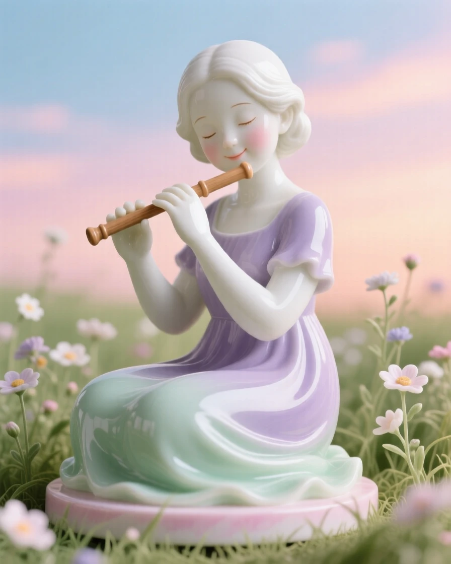 A youthful young mother playing a wooden flute, a faint, knowing smile on her lips, in a wildflower field under a pastel sky.