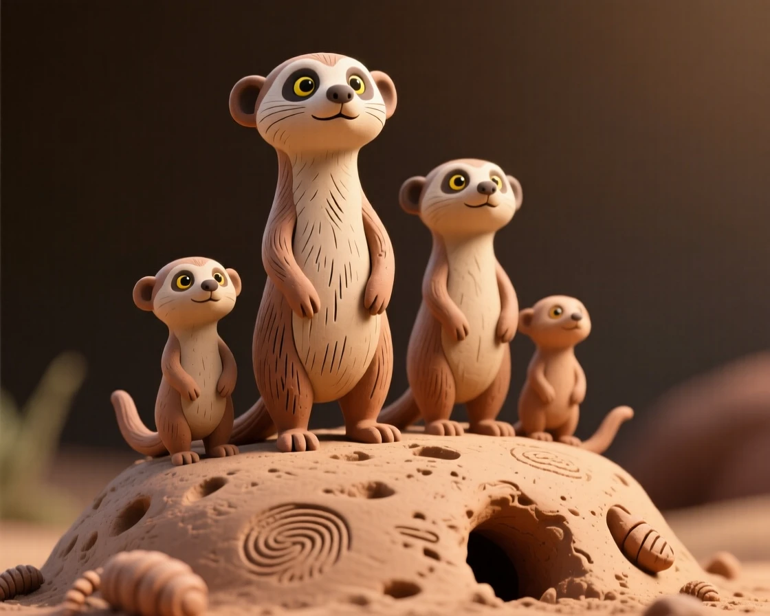A meerkat family standing sentinel together atop a termite mound