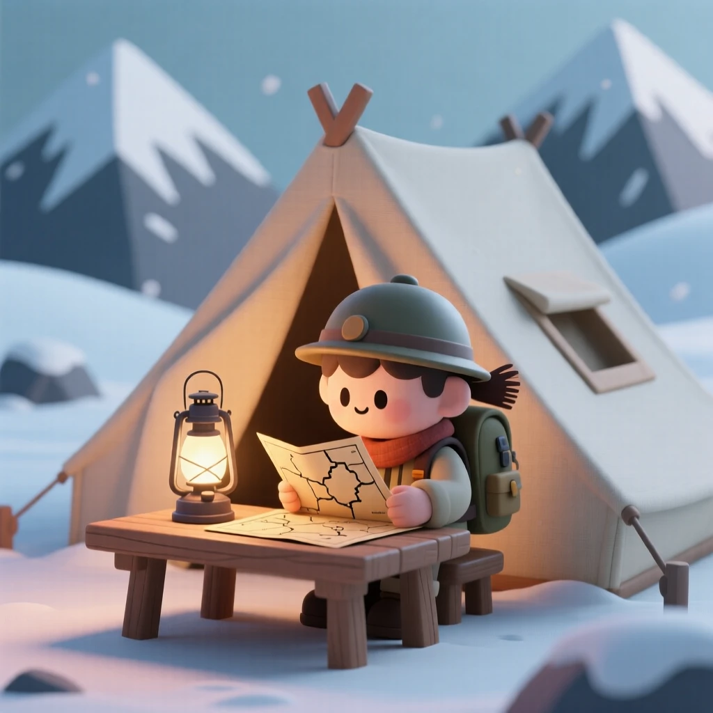 A determined explorer studies an old map by lantern light inside a canvas tent deep in a snowy mountain range.