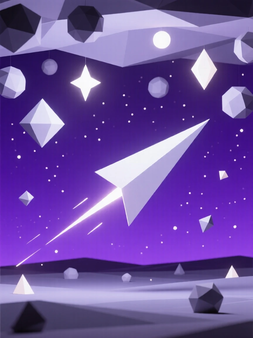 A shooting star streaking across a deep purple sky, beneath a canopy of dreamlike floating light. fine particle detail adds texture to the vast space. It captures a feeling of peaceful isolation.
