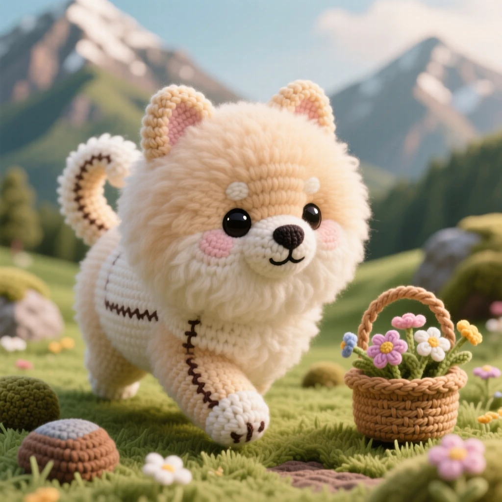 A heartwarming close-up of a fluffy Pomeranian, with a puffy round coat and perky ears, trotting forward with its tail curled over its back in a mountain meadow with scattered boulders; a small basket of wildflowers nearby completes the scene, radiating a peaceful, drowsy calm settling over the scene.