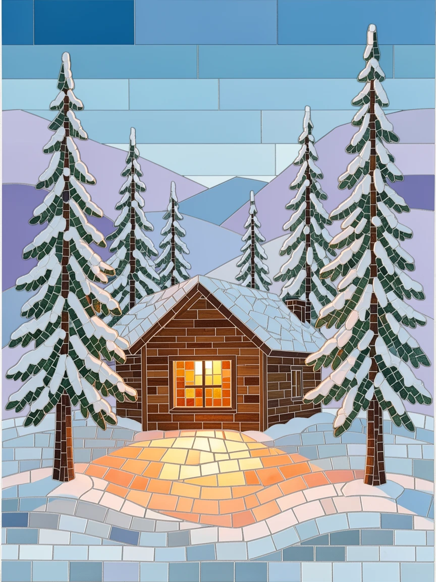 A quiet snow-dusted pine forest lit by warm cabin window light.