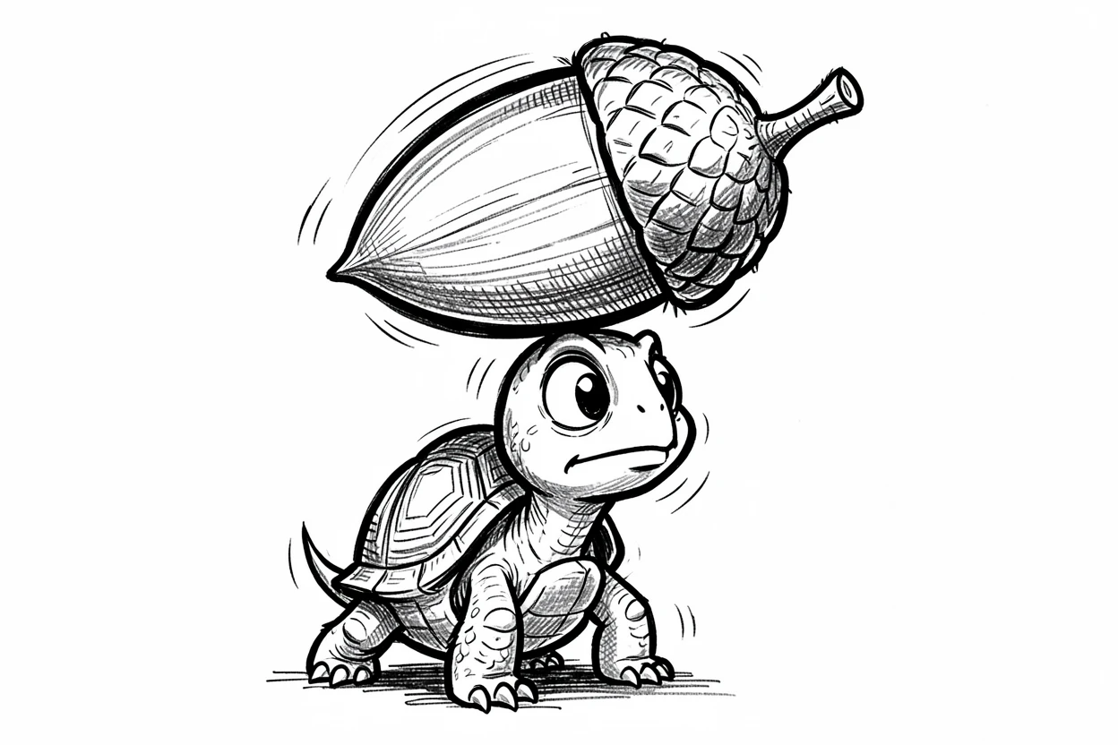 A tiny turtle balancing a giant acorn on its head.
