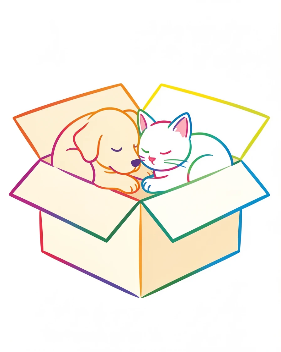 A puppy and a kitten sleeping nose to nose inside the same cardboard box.