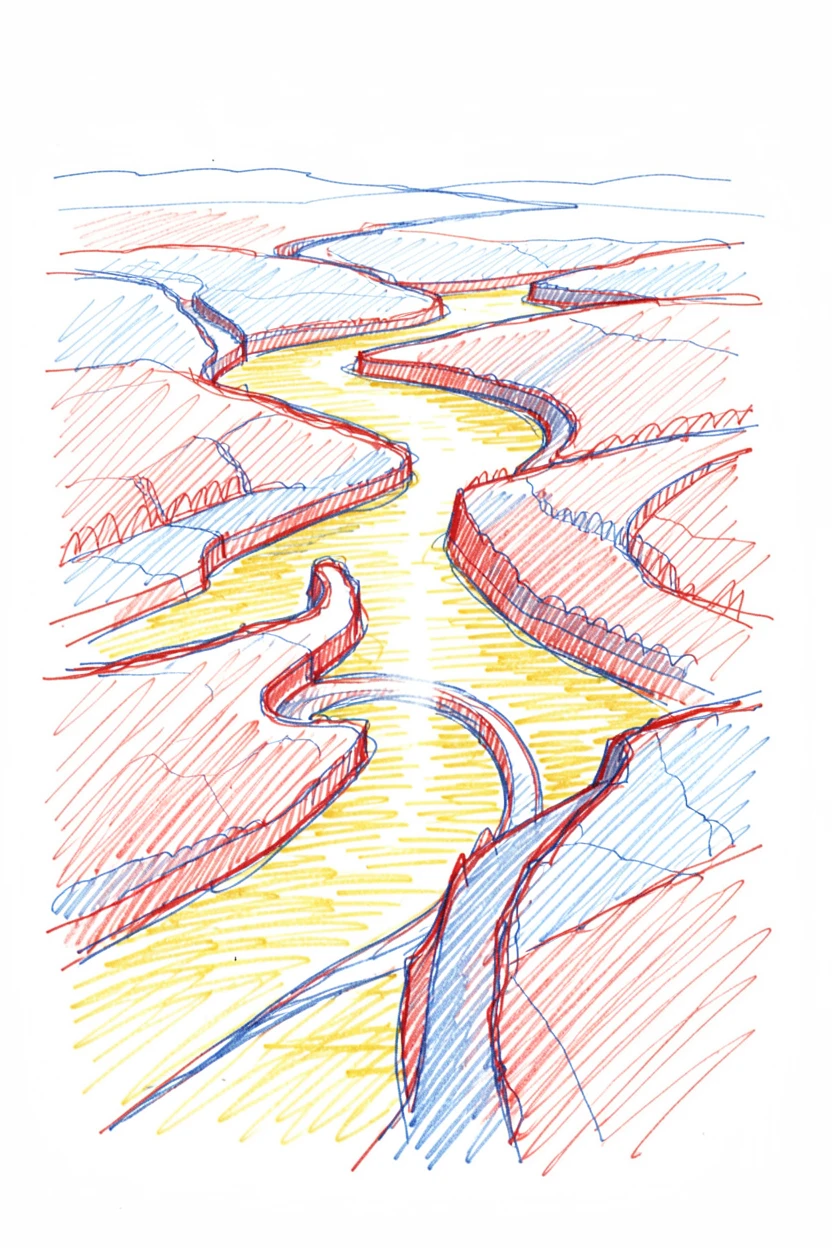 A river delta seen from above, braided channels glinting gold at sunset
