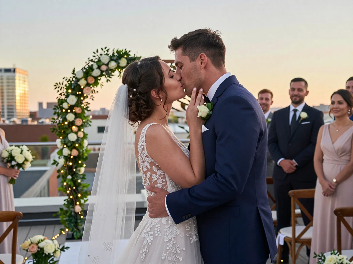 A young couple's first kiss at a rooftop wedding