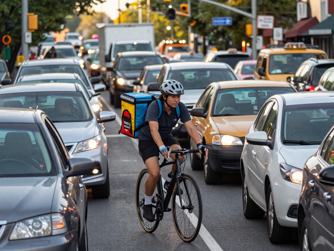 A cyclist weaves through gridlocked traffic delivering food in an insulated bag.