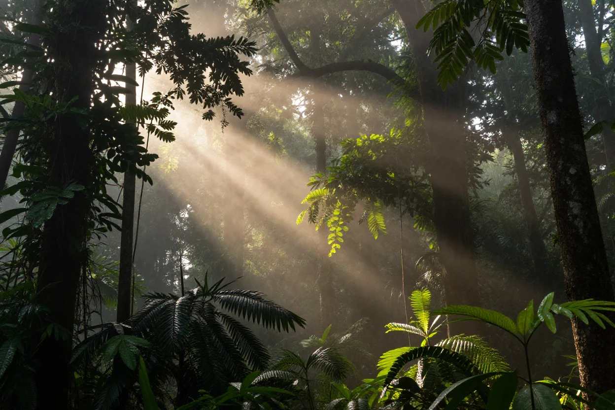 A misty rainforest canopy pierced by shafts of golden morning sunlight