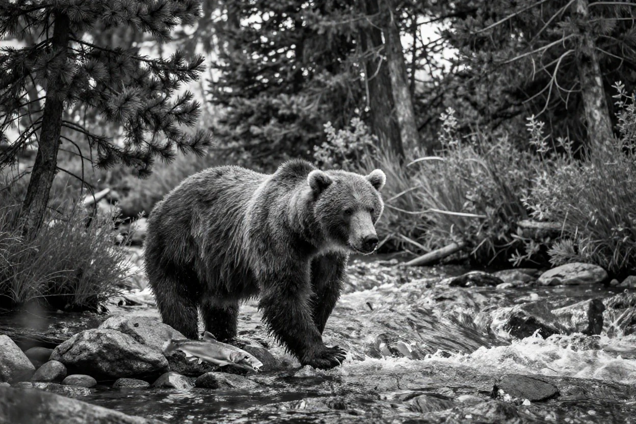 A grizzly bear fishes for salmon in a rushing stream beneath a canopy of tall pines.
