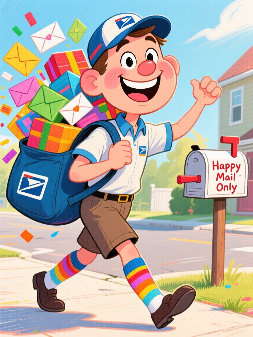A cheerful mail carrier in shorts and knee-high socks, overflowing mailbag slung across one shoulder.