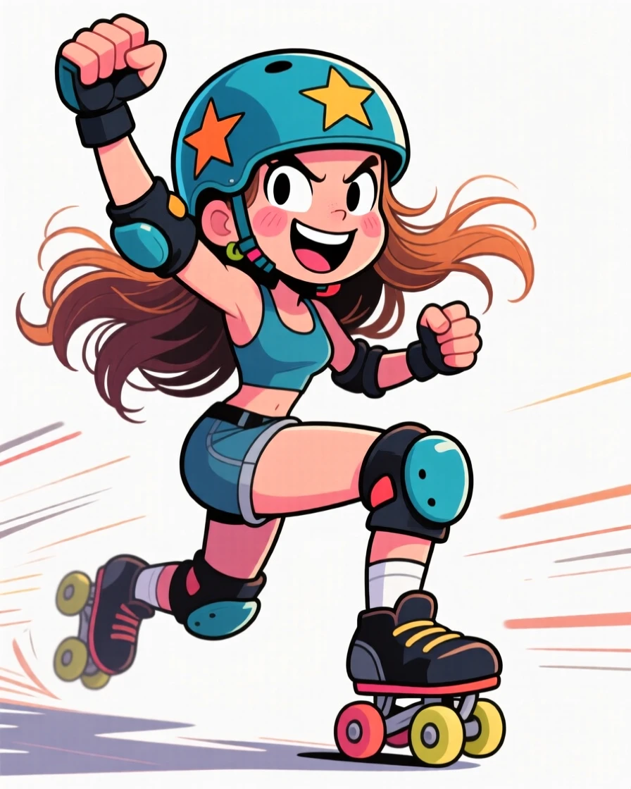 A memorable character portrait of a spunky roller derby skater with knee pads and a helmet, fist pumped in victory, hair flying from speed.
