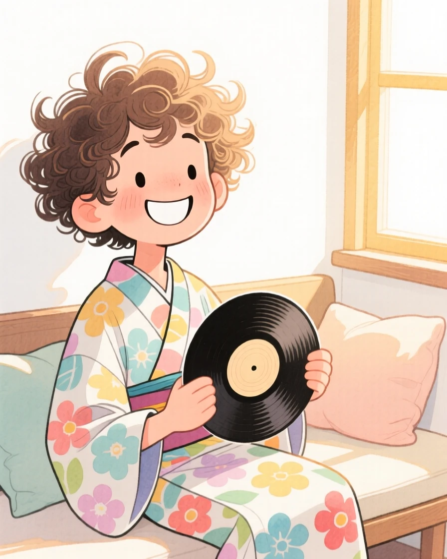 A young man with voluminous natural curls, beaming with joy, wearing a colorful patterned kimono and holding a vinyl record, in a cozy sunlit reading nook