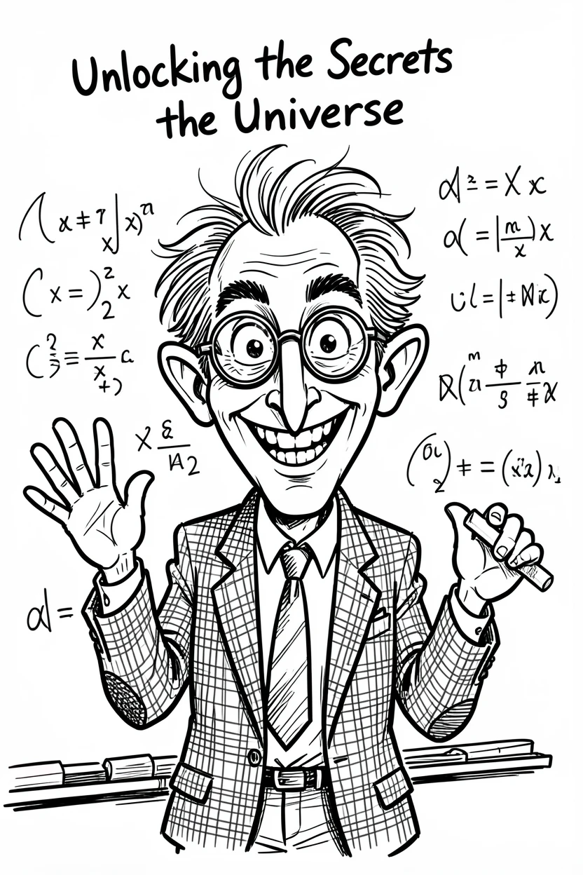 [People Portraits & Characters] Portrait of a distinguished professor gesturing enthusiastically at a chalkboard full of equations, full of personality and charm