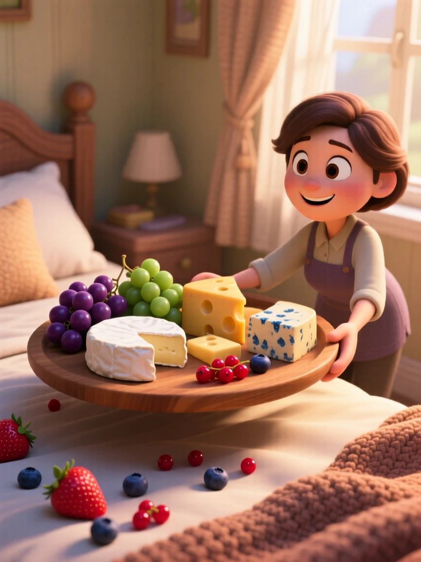 A wooden board of assorted cheeses and grapes sits on a tray carried to a cozy bedroom, surrounded by scattered fresh berries. A comforting, homey feeling fills the moment.
