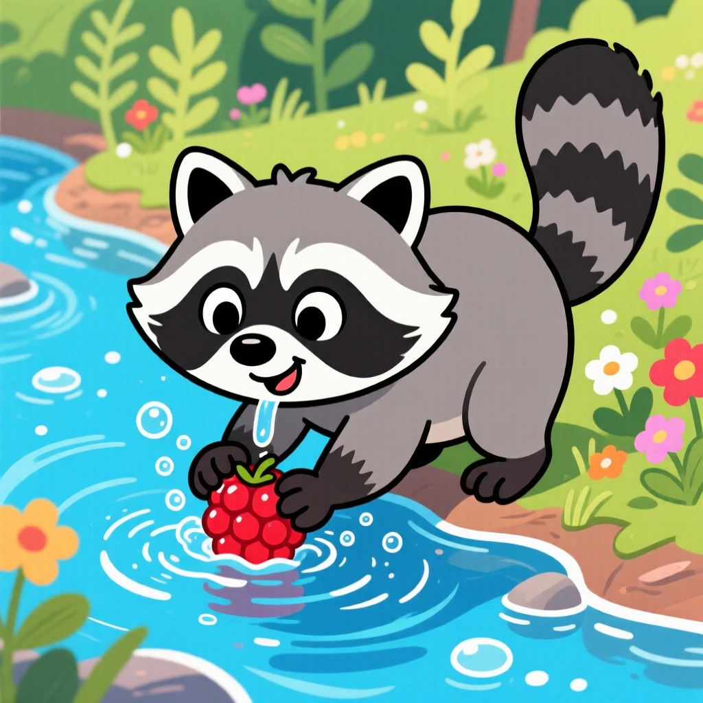 A raccoon washing a berry in a stream with tiny paws.