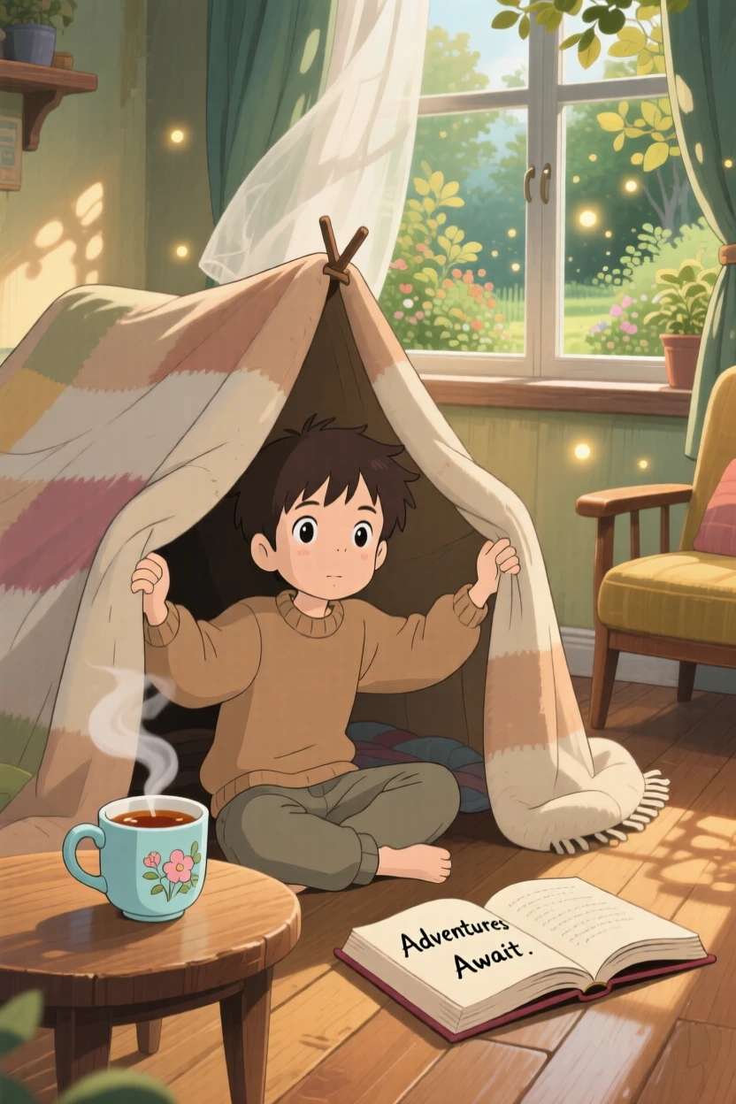 A boy building a blanket fort in the living room, steam rising gently from a mug of tea, the whole scene feeling peaceful and unhurried.