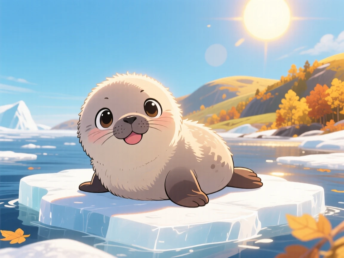 Low-angle shot looking up: a round baby seal pup, resting on a sunlit ice floe, set against an arctic coastline during golden autumn harvest season, with bright midday sun and a mood of triumphant pride.