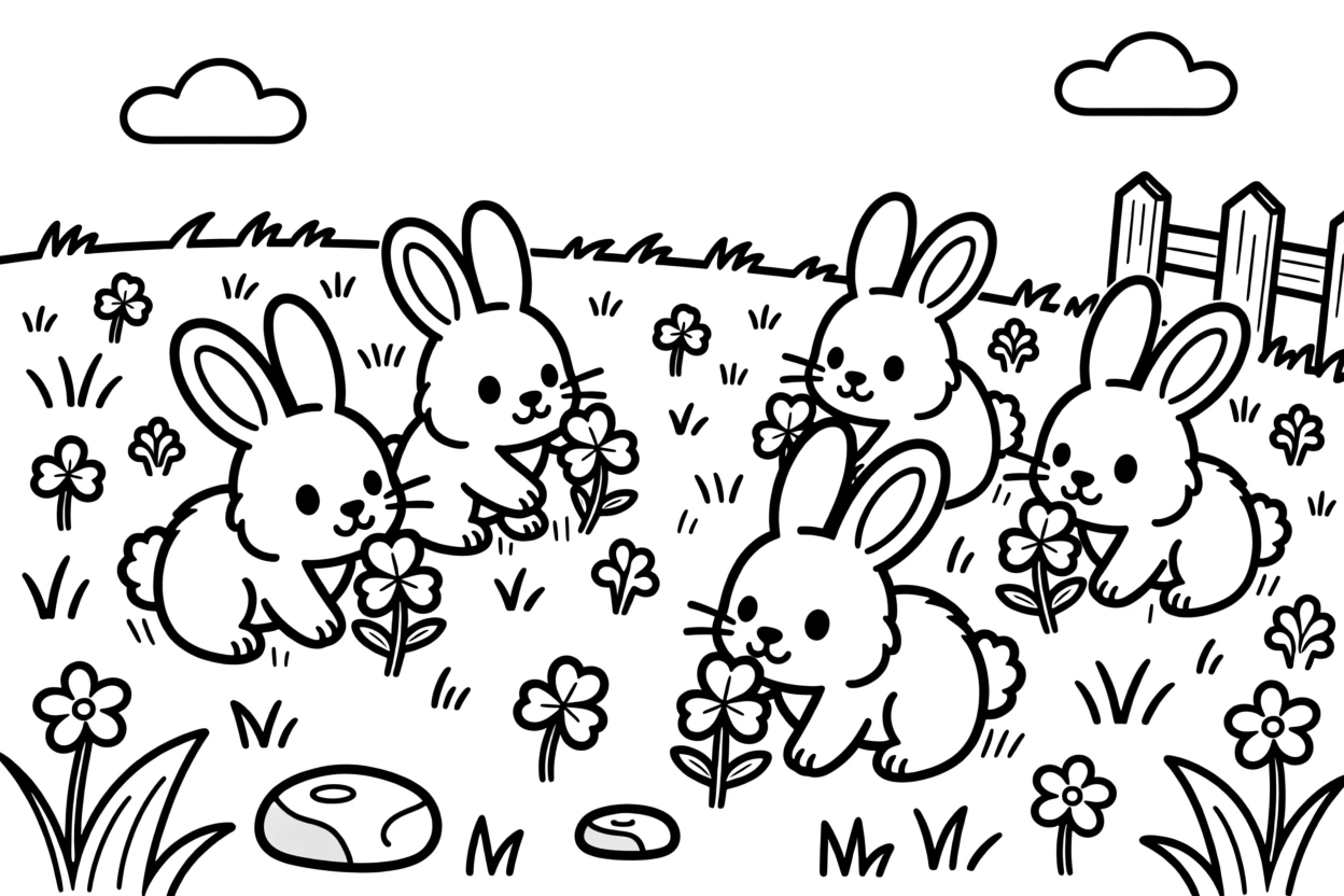 A litter of bunnies nibbling on clover in a meadow