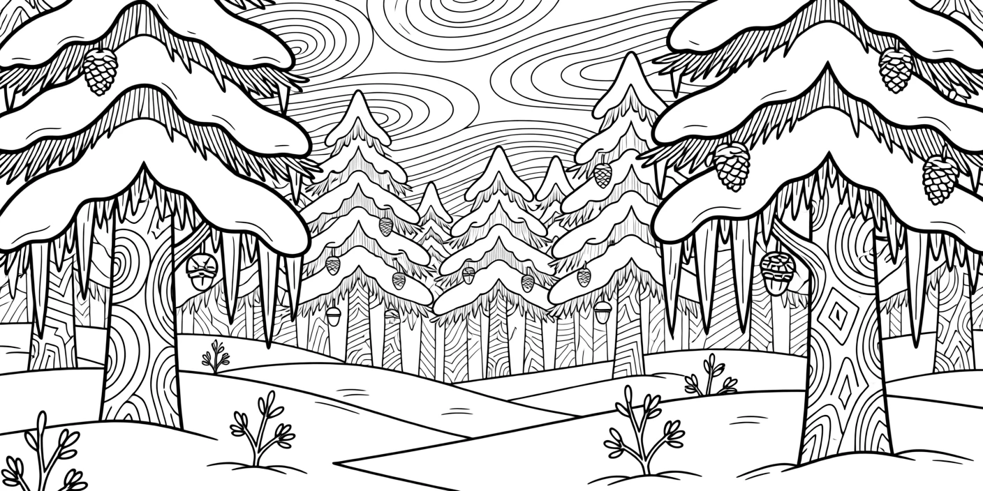 A snow-covered pine forest with icicles hanging from low branches.