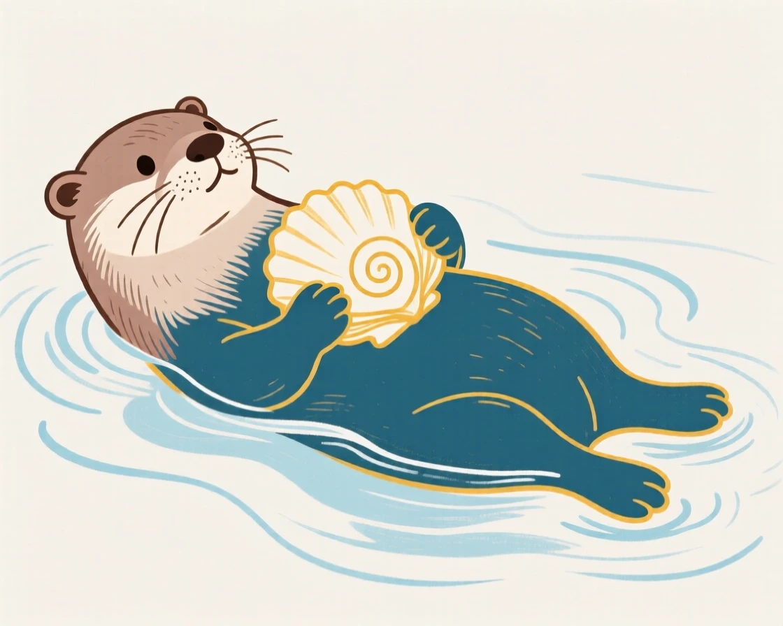 A otter floating on its back holding a shell.