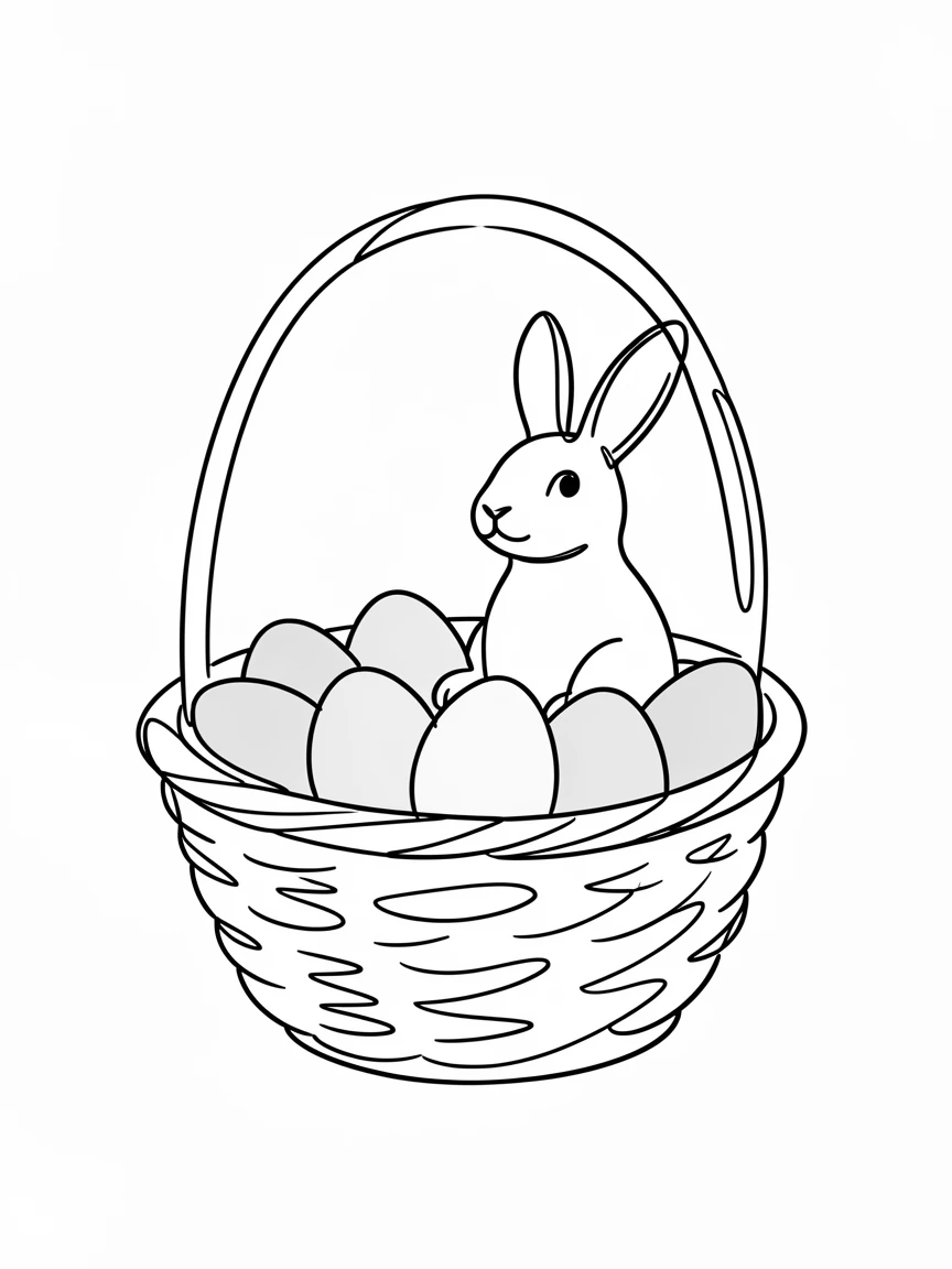 An Easter basket filled with pastel eggs and a chocolate bunny