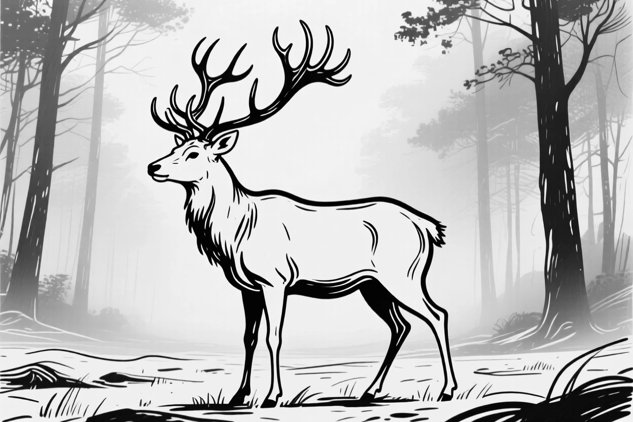 A stag with a large antler rack standing in a misty forest clearing.