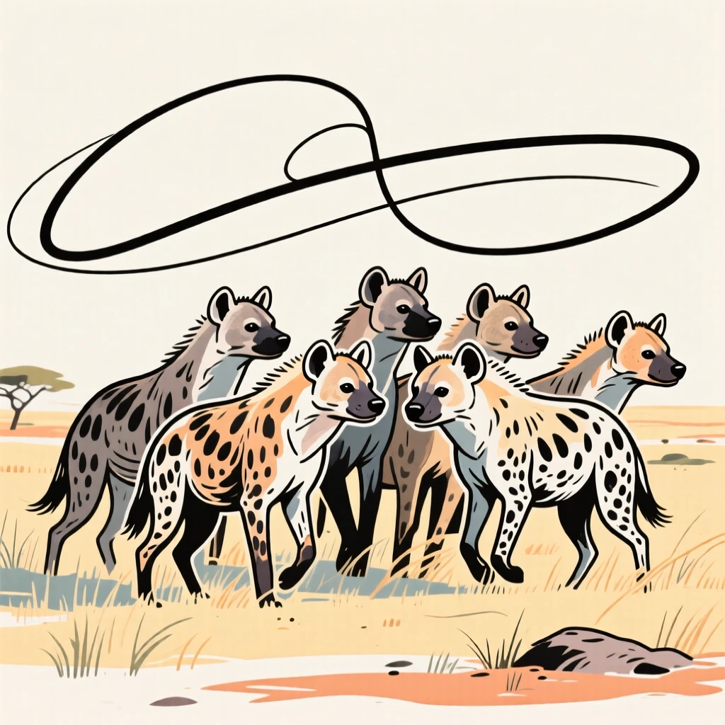 A pack of hyenas gathered together on the African savanna.