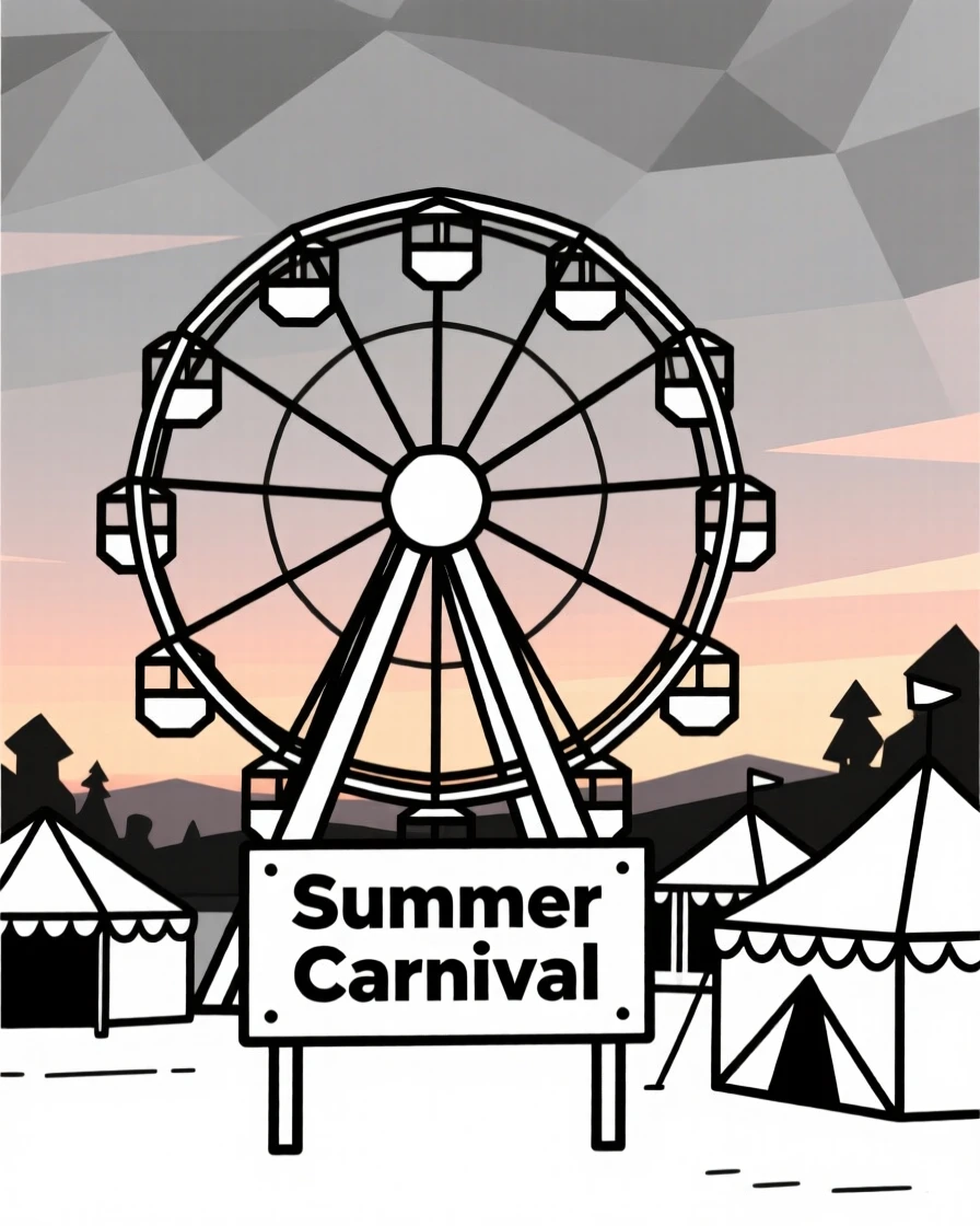 A summer carnival scene with a Ferris wheel at dusk