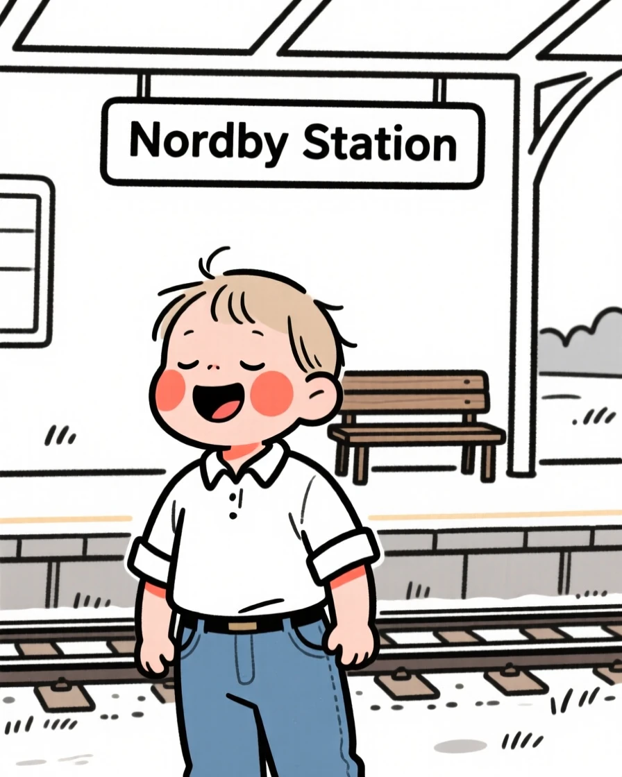 A two-year-old of Norwegian heritage in a crisp white shirt and jeans, laughing with eyes closed, at a rural train station.